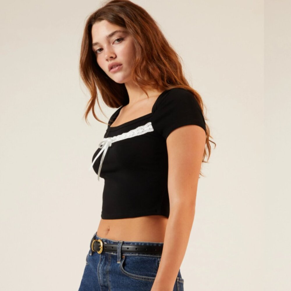 Est. PAC 1980 Sabrina Tie Front Square Neck Crop Top Women's Size Large NWT - Picture 2 of 5